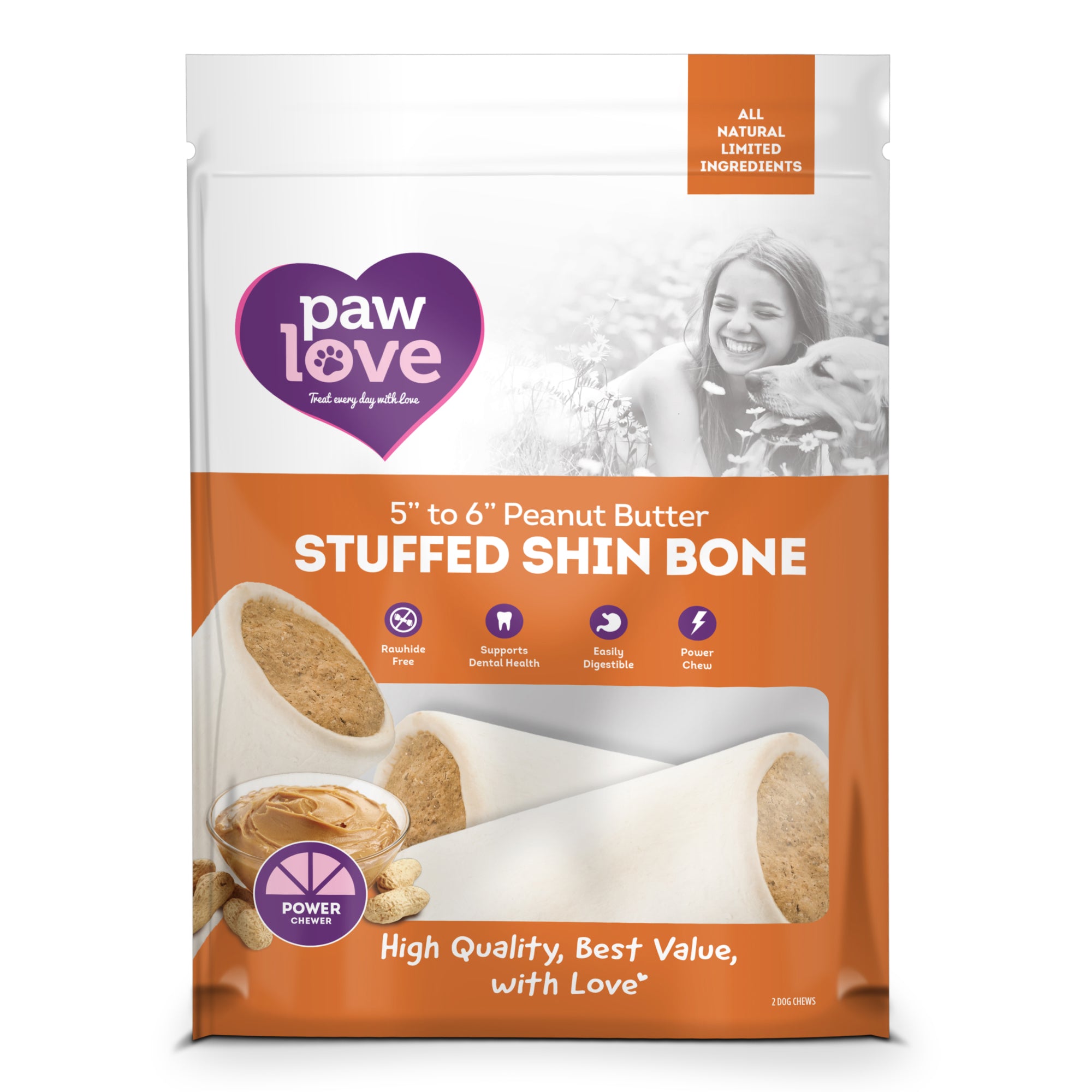 Package of Paw Love brand PW 5-6" Peanut Butter Stuffed Shin bones for dogs with an image of a happy pet owner and dog playing in the background.