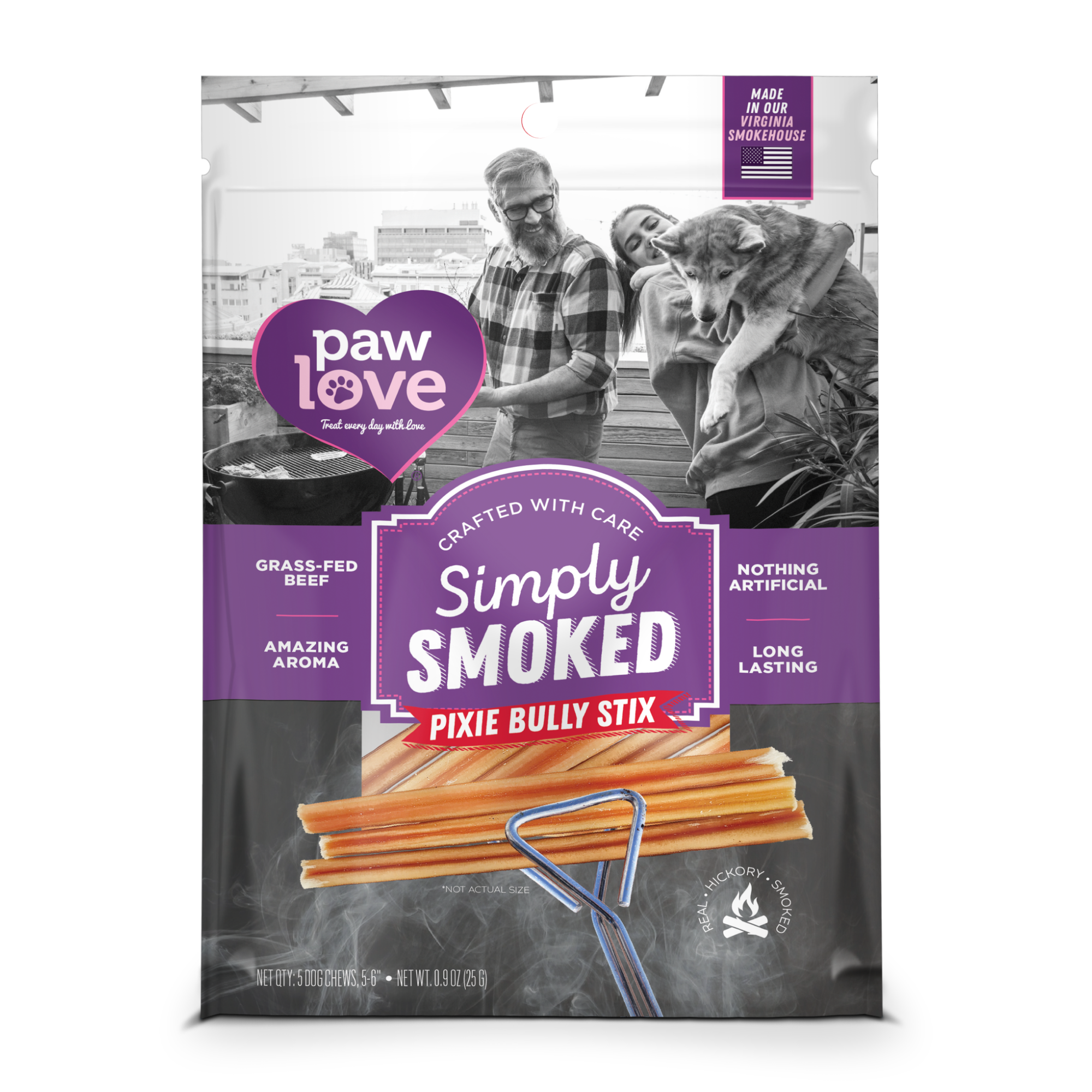A package of Paw Love Simply Smoked Pixie Bully Stixs for dogs, featuring a black and white image of a man and woman in a kitchen, with color accents on product details.