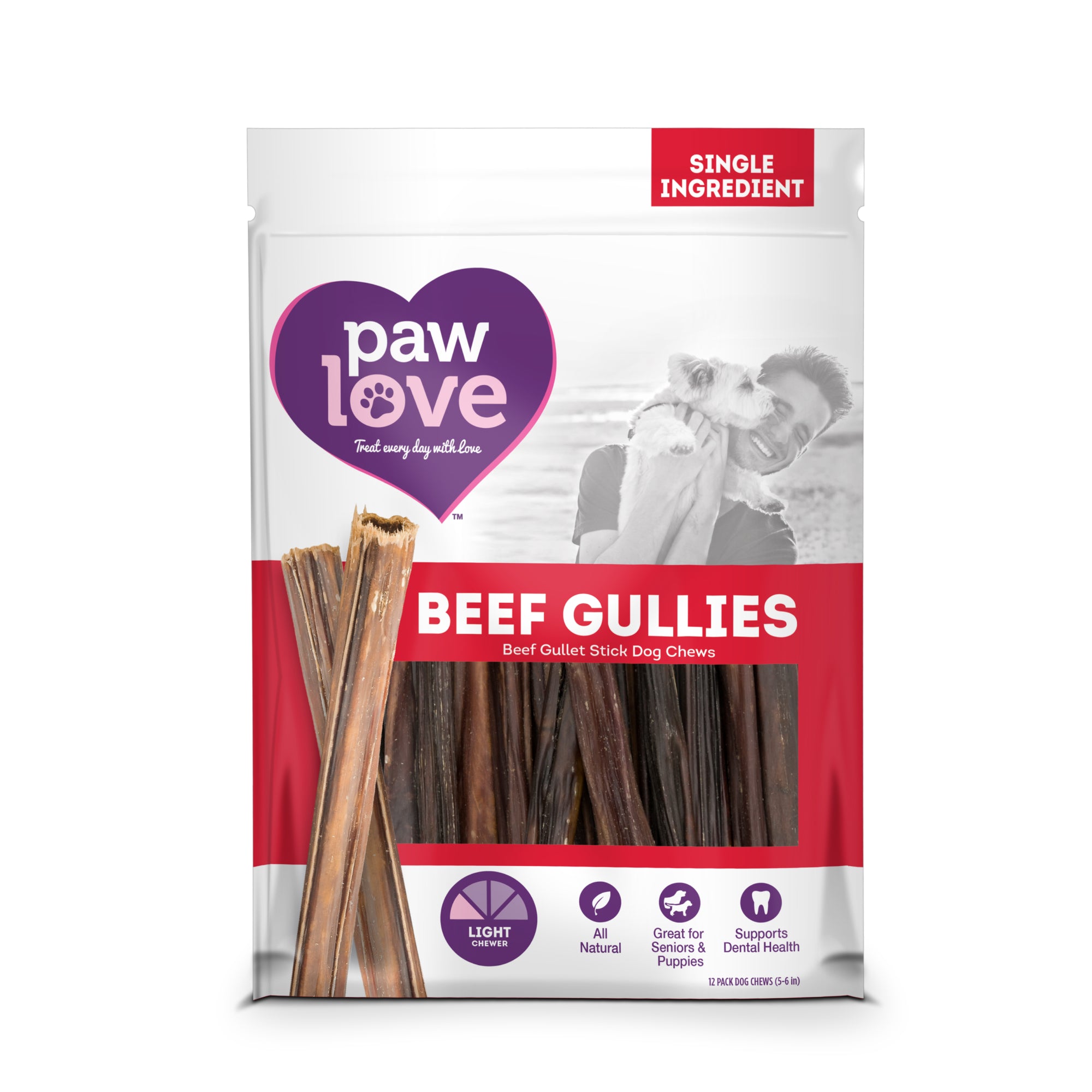 Paw Love PW 6" Gullet Stick 12 Pack dog treats.