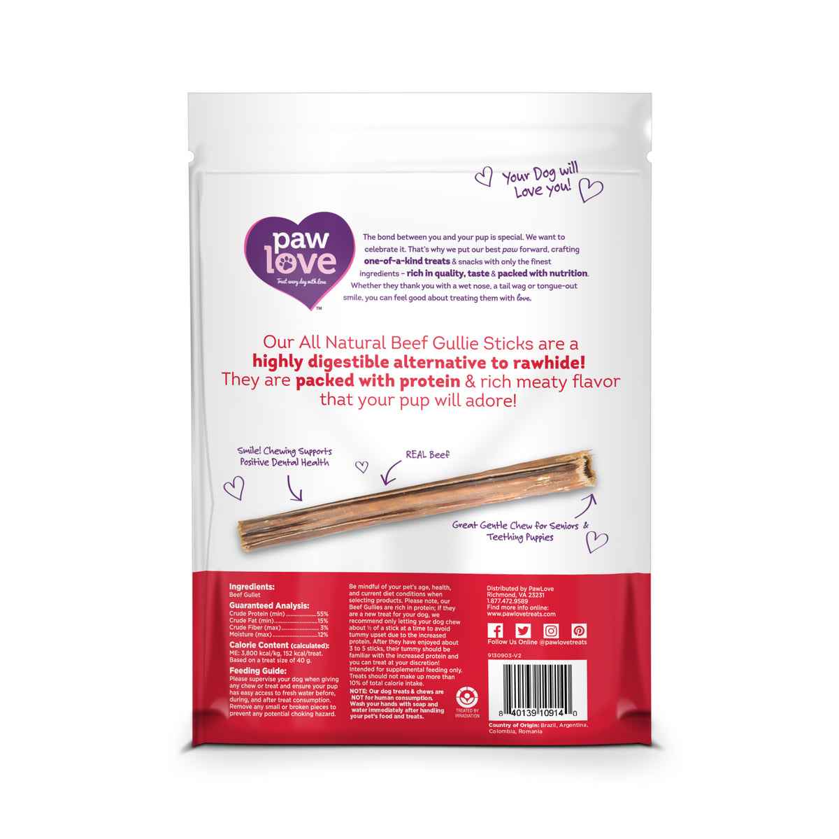 A bag of PW 6&quot; Gullet Stick 12 Pack dog treats with a heart on it by Paw Love.