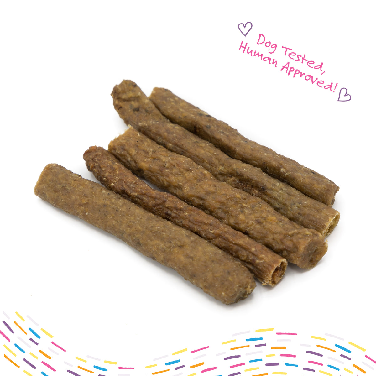 A 22-pack of Paw Love&#39;s PW Beef Stick Small, a high-protein dog treat, is shown with the text &quot;Dog Tested, Human Approved!&quot; against a white backdrop with colorful lines. Available at Walmart.