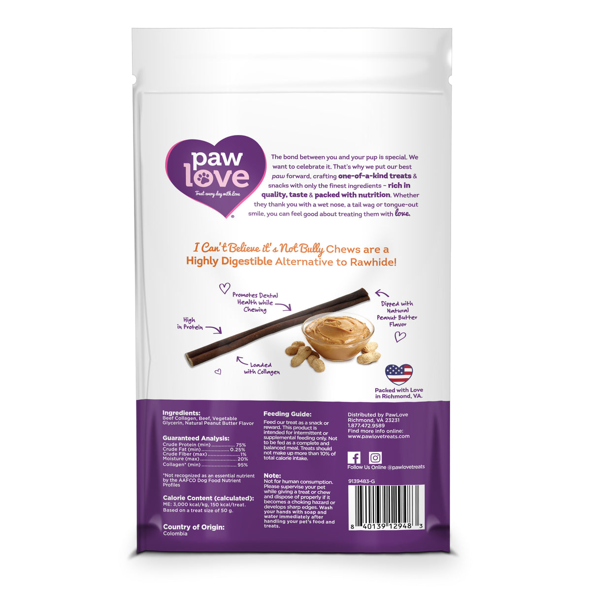 A bag of PW 6&quot; PB ICBN Bully Sticks 4pk dog treats, made by Paw Love.