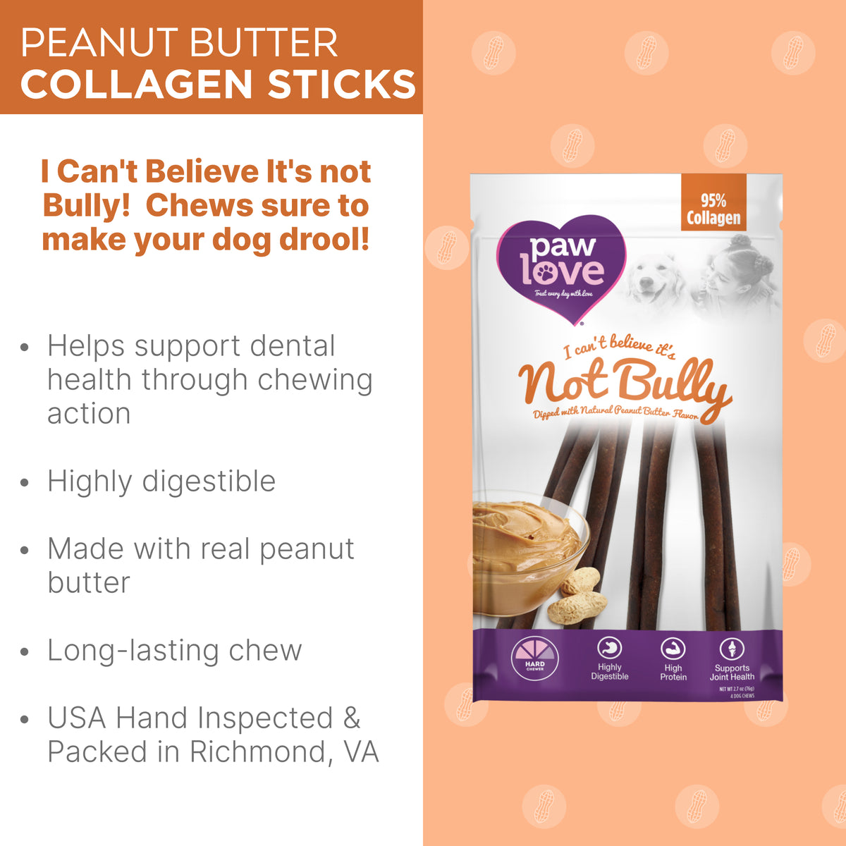 Paw Love PW 6&quot; PB ICBN Bully Sticks 4pk for dogs.