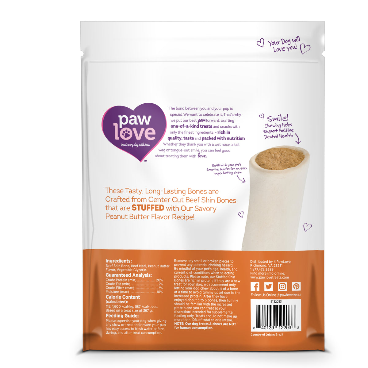 The Paw Love PW 5-6&quot; Peanut Butter Stuffed Shin bag features product details and ingredients, along with an enticing image of this durable, long-lasting chew from Walmart your dog will love.