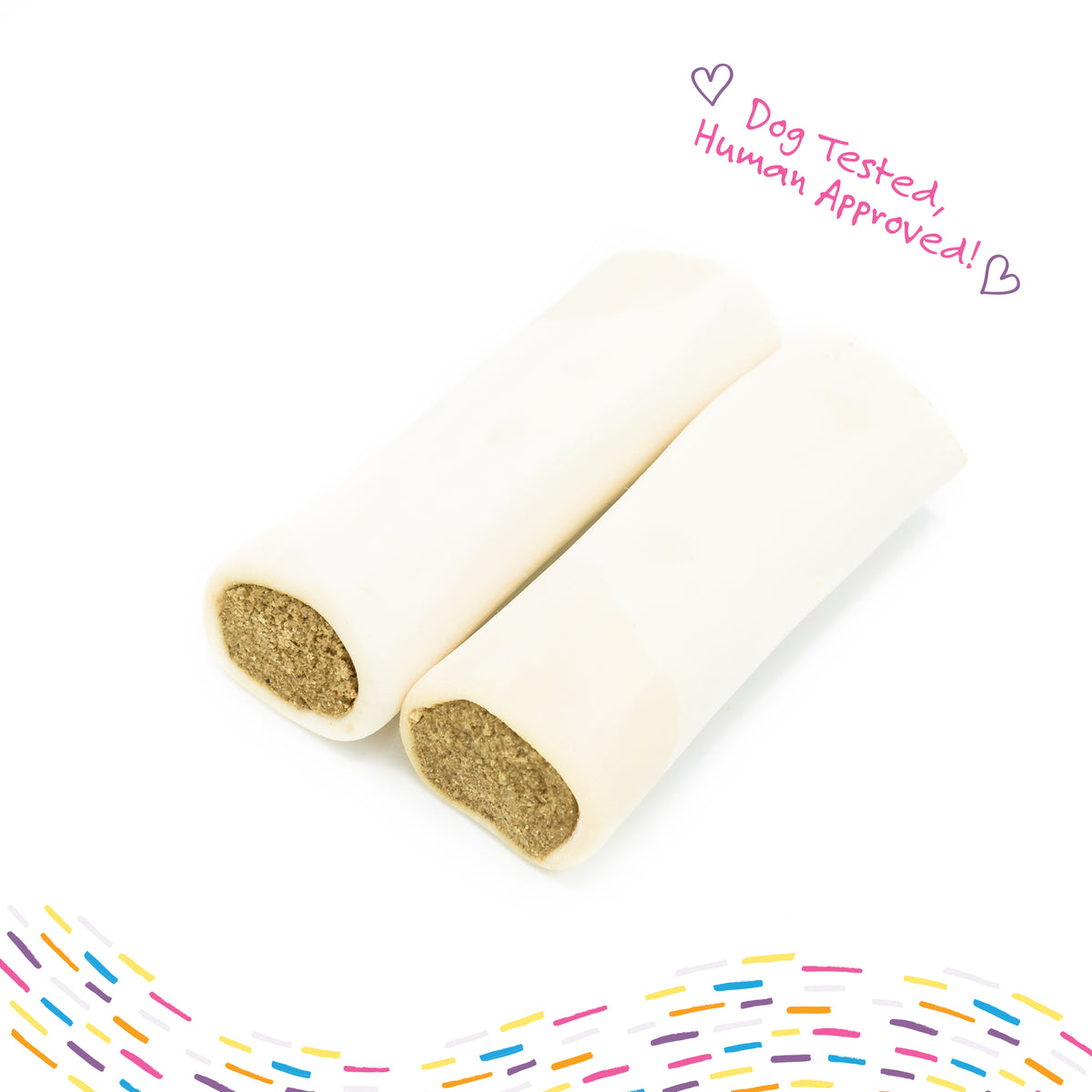 A pair of PW 5-6&quot; Peanut Butter Stuffed Shins from Paw Love sit on a white background, marked by colorful lines and hearts. Text reads, &quot;Dog Tested, Human Approved!&quot; These long-lasting chews will surely delight any pup!.
