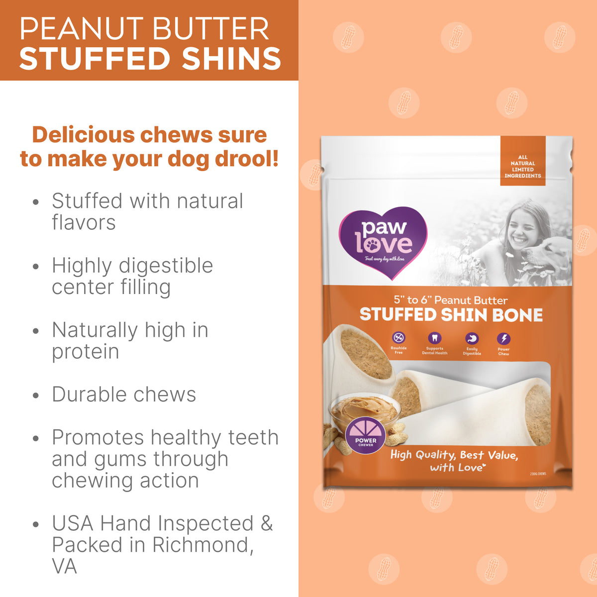 Explore Paw Love&#39;s PW 5-6&quot; Peanut Butter Stuffed Shin from Walmart, a durable chew with natural flavors and a digestible center. High in protein, it supports dental health and is USA inspected. Give your furry friend a long-lasting treat they&#39;ll love!.