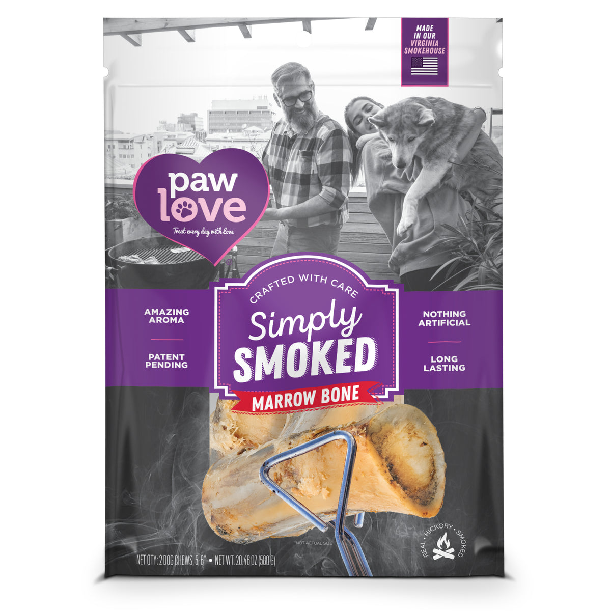 A package of Paw Love PW Smoked Marrow 2PK dog treats, featuring a photo of a couple with a dog and icons highlighting an amazing aroma, patent-pending technology, nothing artificial, and long-lasting qualities.