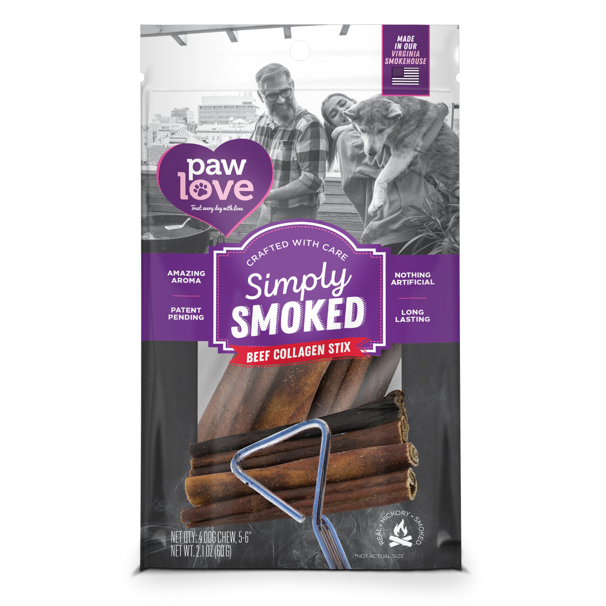 A bag of Paw Love PW Smoked 6&quot; Collagen 4pk dog chews, with a couple holding a dog on the package and product details in purple and white text. Includes four 6&quot; collagen chews for your pup’s enjoyment.