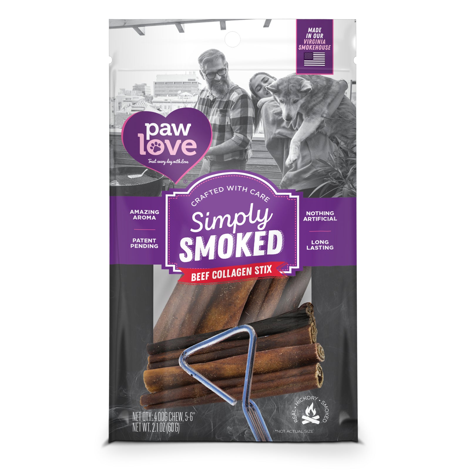 A bag of Paw Love PW Smoked 6" Collagen 4pk dog chews, with a couple holding a dog on the package and product details in purple and white text. Includes four 6" collagen chews for your pup’s enjoyment.
