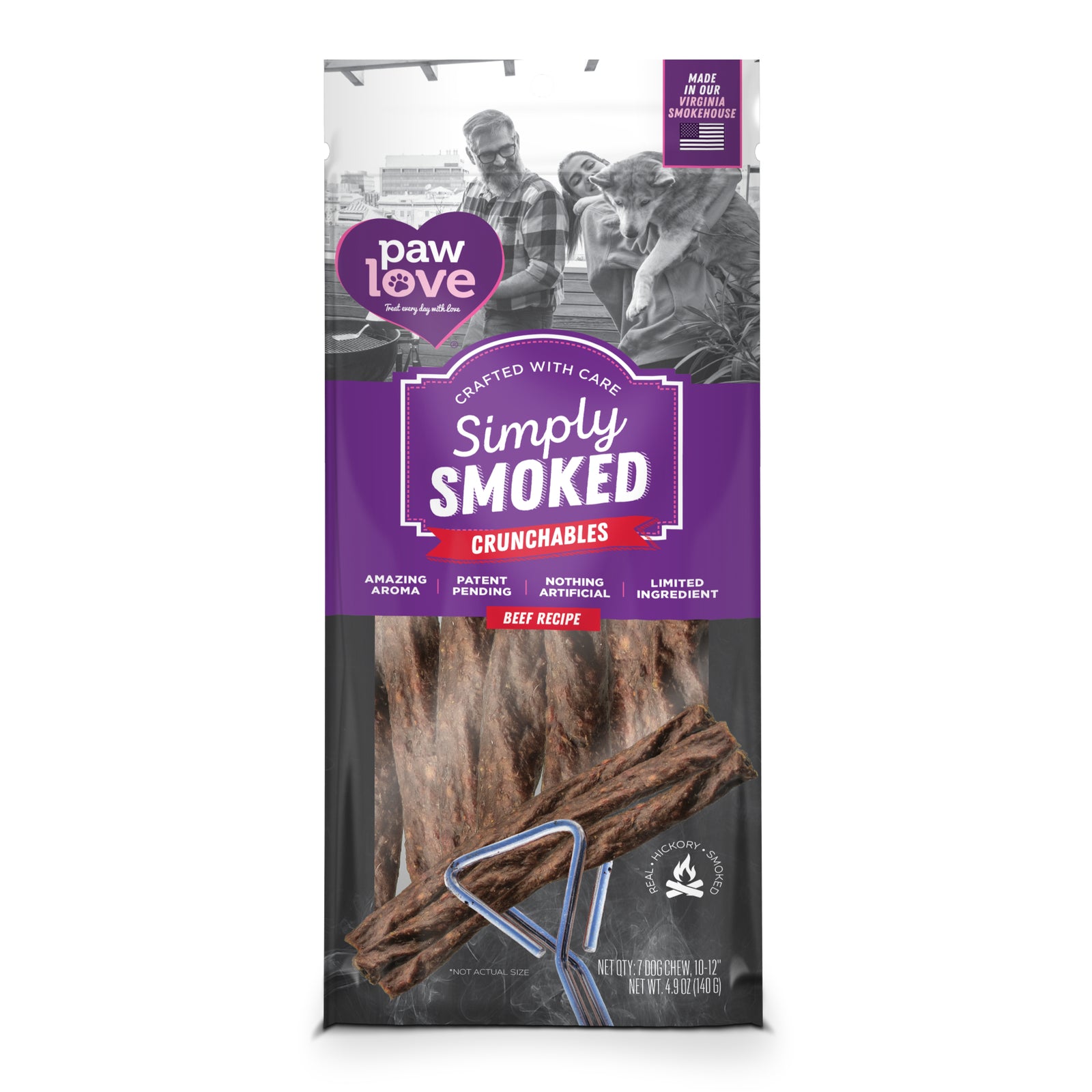 A package labeled "PW Smoked Large Beef Stick 7pk" by Paw Love. It features a beef recipe with natural ingredients and a patent-pending design.