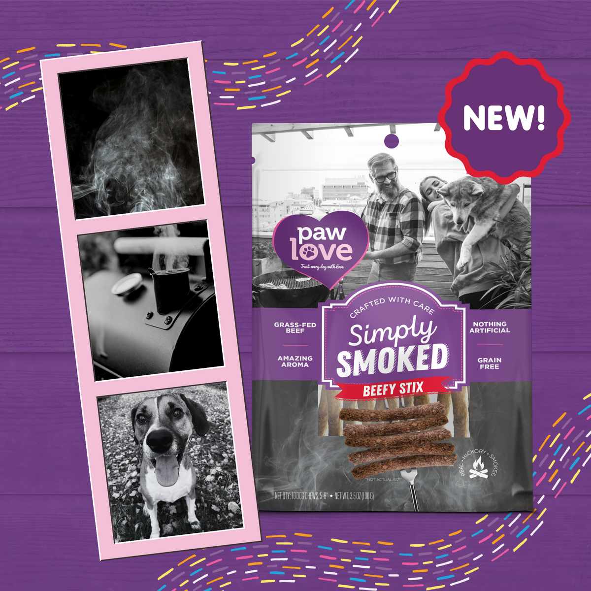 A package of Paw Love Simply Smoked Beefy Stix 10 Pack with a picture of a dog.