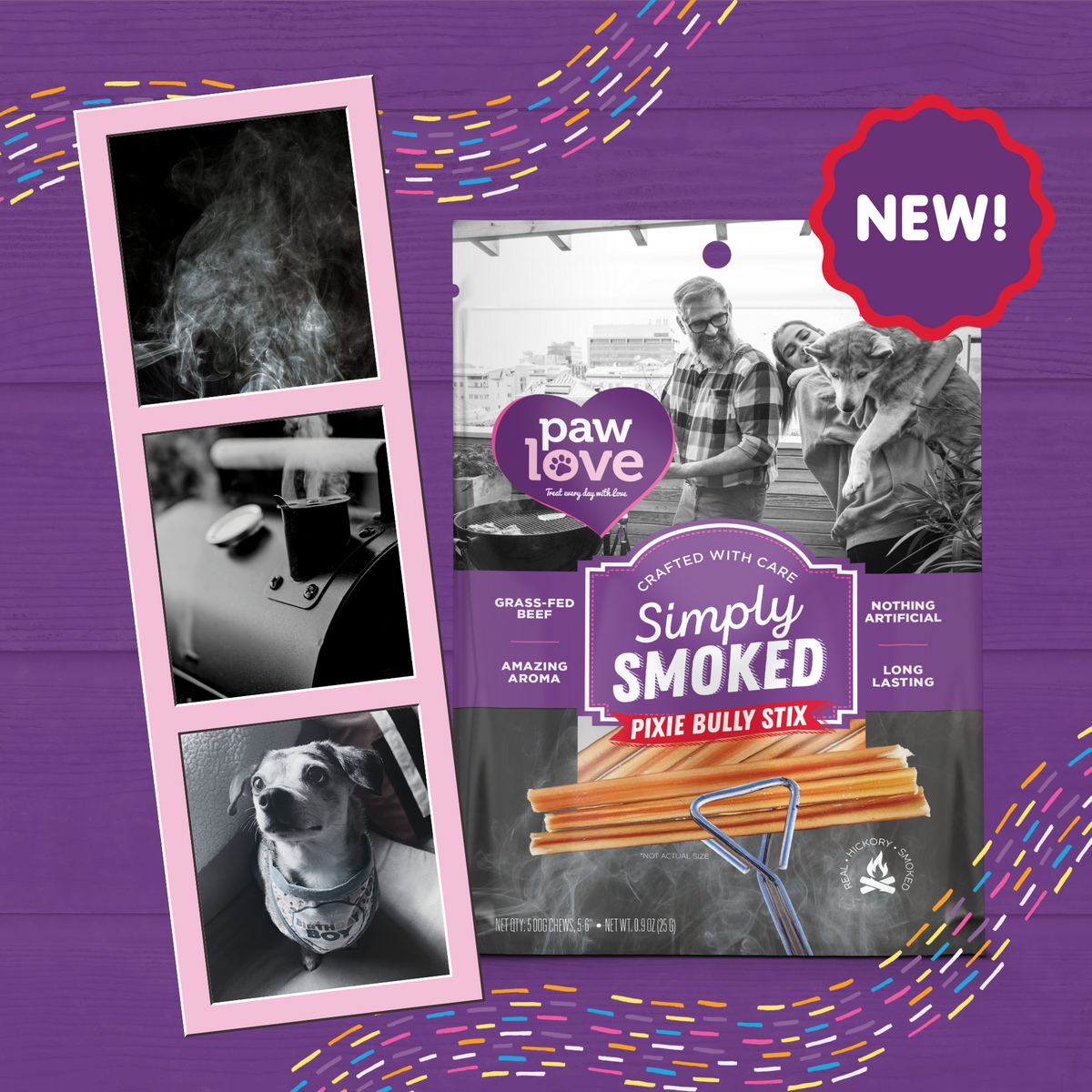 Collage of images featuring a smoking drink, a dog sniffing a pack of &quot;Paw Love Simply Smoked Pixie Bully Stix 5 Pack,&quot; and a &quot;new!&quot; label, set against a purple striped