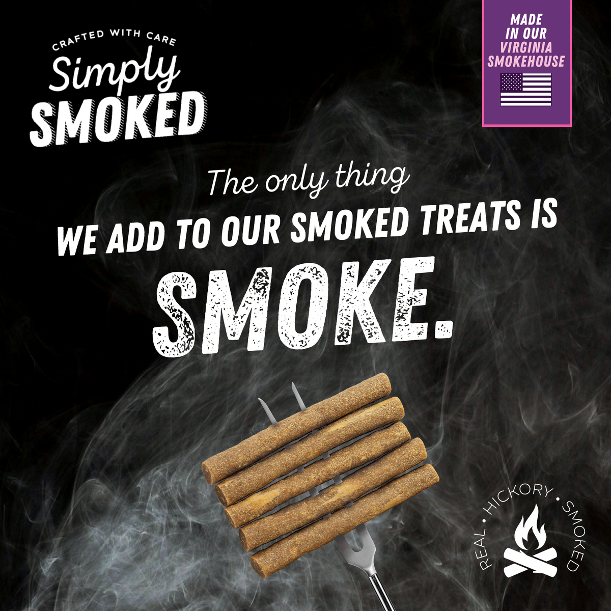 Advertisement showcasing PW Simply Smoked Chicky Stix 10 Pack by Paw Love with text stating &quot;simply smoked - the only thing we add to our smoked treats is real hickory wood,&quot; amidst swirling smoke visuals.