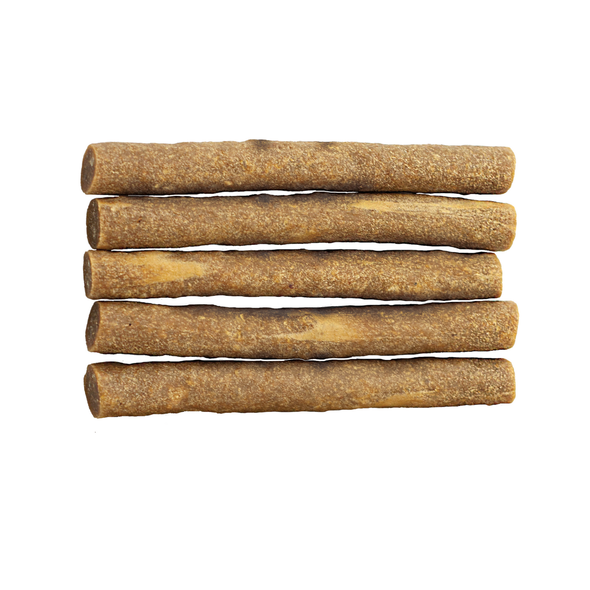 Five PW Simply Smoked Chicky Stix 10 Pack arranged horizontally in a line on a white background, exuding a subtle smoked-meat aroma.