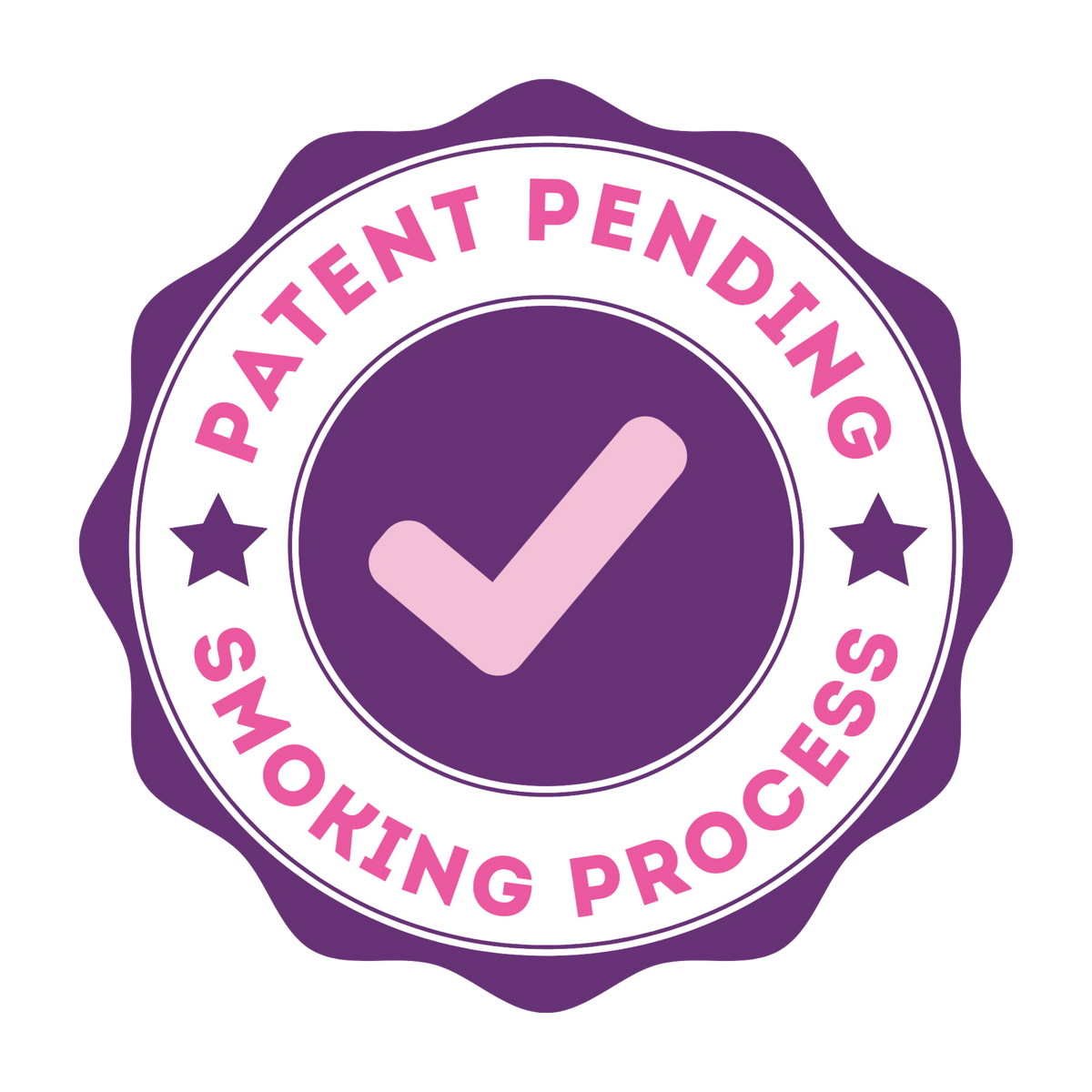 A purple and silver seal with the words &quot;Simply Smoked Beefy Stix 10 Pack&quot; for all-natural dog treats from Paw Love and a checkmark in the center.