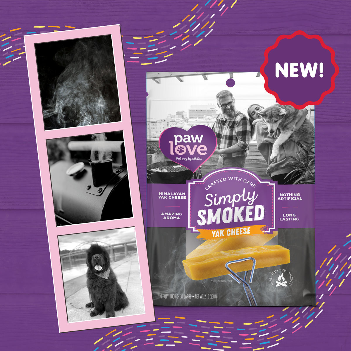 Promotional graphic for &quot;PW Simply Smoked Yak Cheese 1Pack&quot; dog treats by Paw Love, featuring a photo collage of a dog, the product, and a customer at a pet store.