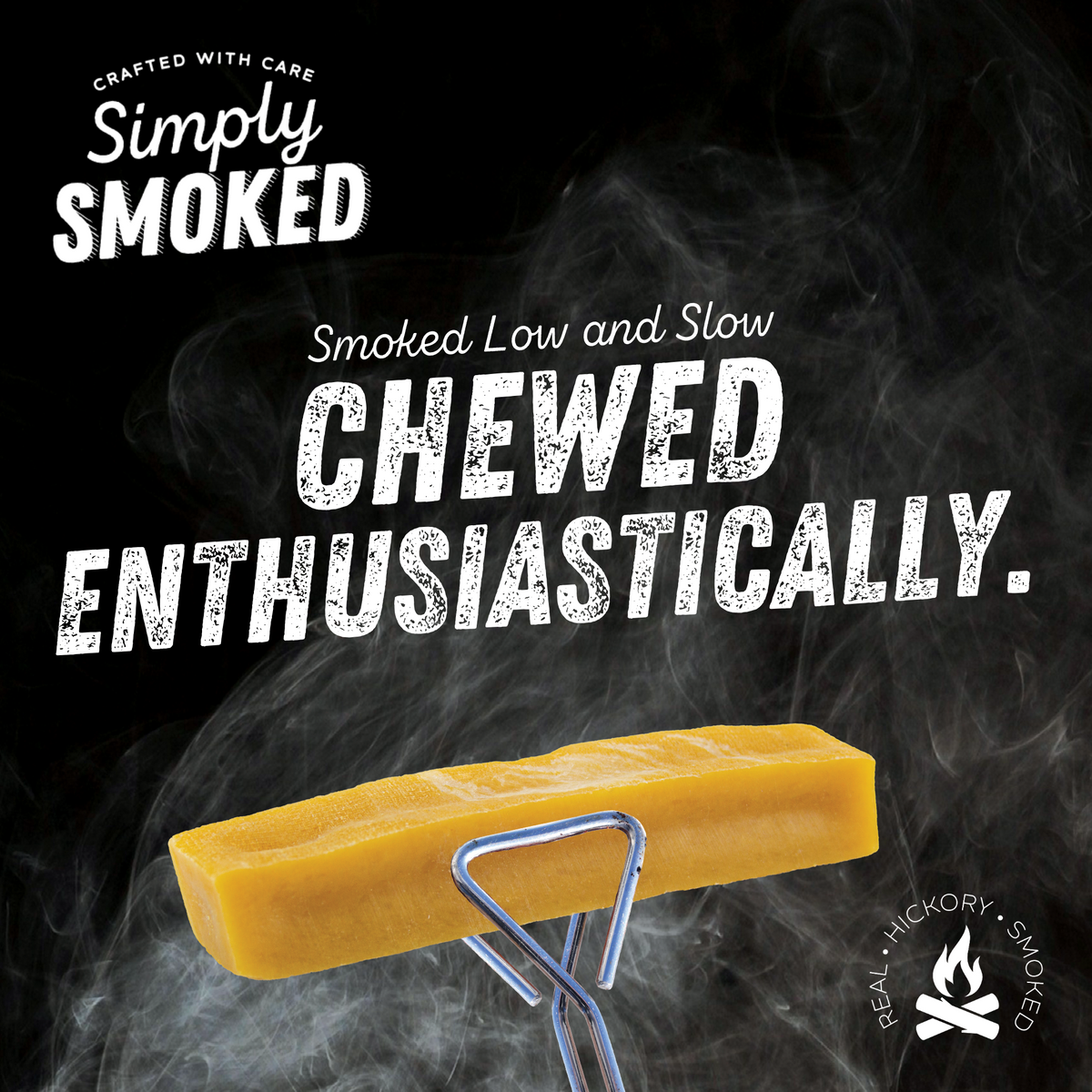 Advertisement for Paw Love&#39;s PW Simply Smoked Yak Cheese 1Pack with the text &quot;simply crafted with care, smoked low and slow, chewed enthusiastically&quot; on a smoky background, featuring a piece of Himalayan yak cheese on a fork.