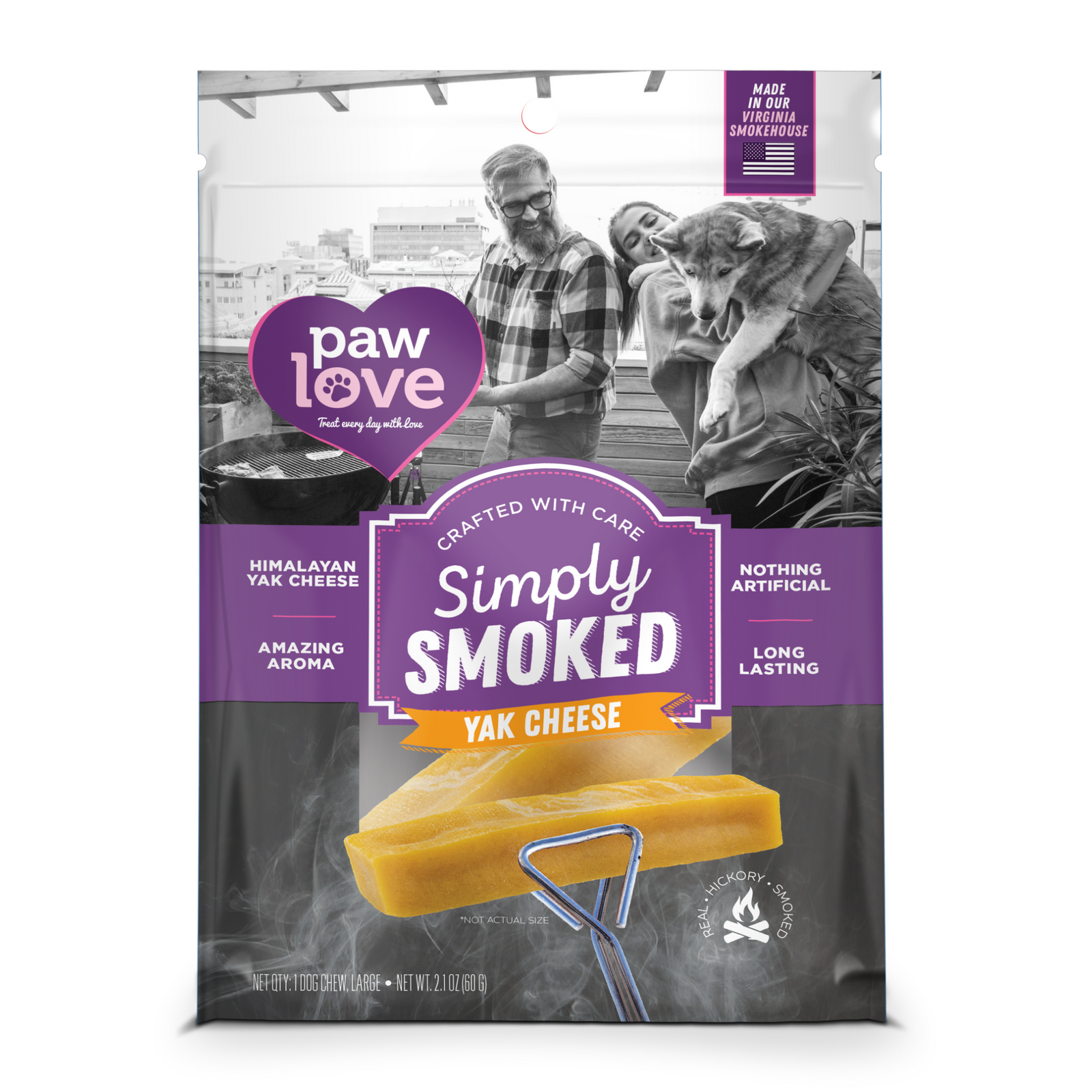 A package of all-natural chews, featuring Paw Love Simply Smoked Yak Cheese 1Pack dog treats. The packaging highlights an image of a man and a cat in the kitchen, with graphic design.