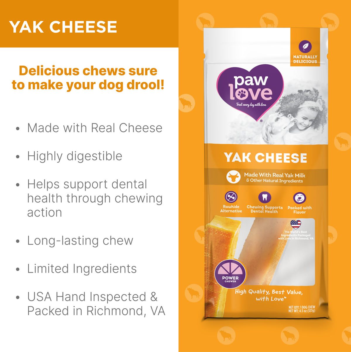 A bag of PW Yak Cheese 1 Pack dog treats from Paw Love.